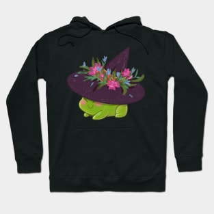 Witchy frog wearing pointy witch hat with flowers Hoodie